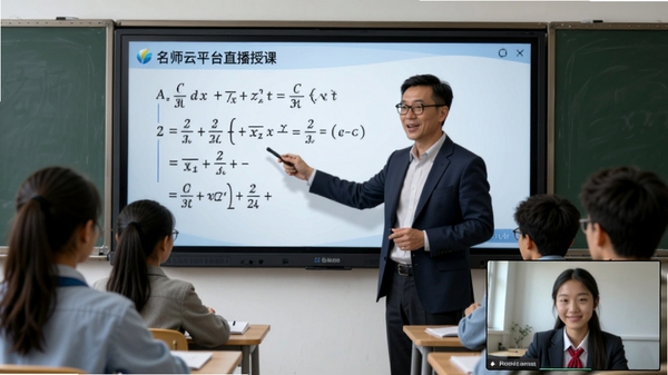 名师云平台直播授课场景,教师正在使用电子白板讲解数学公式,学生通过连麦提问