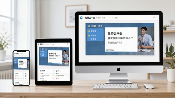 名师云平台多设备同步演示图,手机、平板、电脑屏幕显示相同课程内容