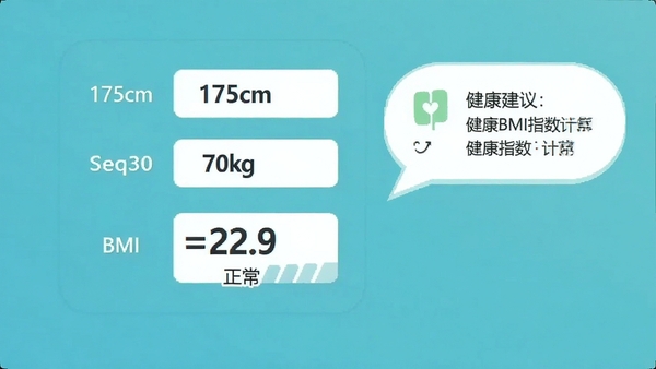 �������ؼ�����BMIָ��������棬��ʾ����175cm������70kg��BMI=22.9������Ϊ�������Ա��н����������ݣ����������죬ɫ������