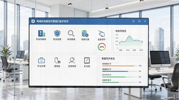 明硕防伪税控开票接口助手软件主界面,展示清晰的功能分区与数据同步状态,背景为现代化办公场景,整体风格专业且明亮。