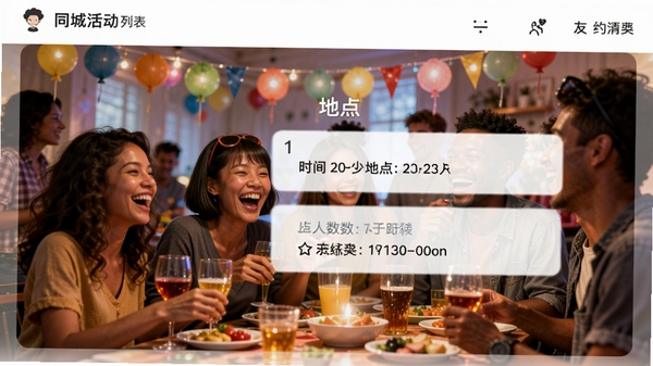 ��Լ�ҳ�棬չʾͬ�Ǿۻ��б�������ʱ�䡢�ص㡢������Ϣ������Ϊ���ֵľۻ᳡����ɫ��������ͻ�������罻��Χ��