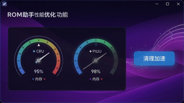ROM���������Ż����ܽ��棬��ʾCPU���ڴ�ռ�����Ǳ��̣��Ա����������ٰ�ť������Ϊ������ɫ���䣬ͻ����Ч�Ż�Ч��