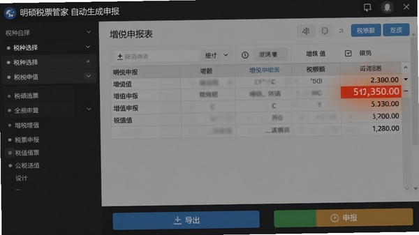 ��˶˰Ʊ�ܼ��Զ������걨�����棬���Ϊ˰��ѡ���б����Ҳ�չʾ�����ɵ���ֵ˰�걨������˰��ϼ����ָ�����ʾ��ҳ��ײ��е������걨��ť