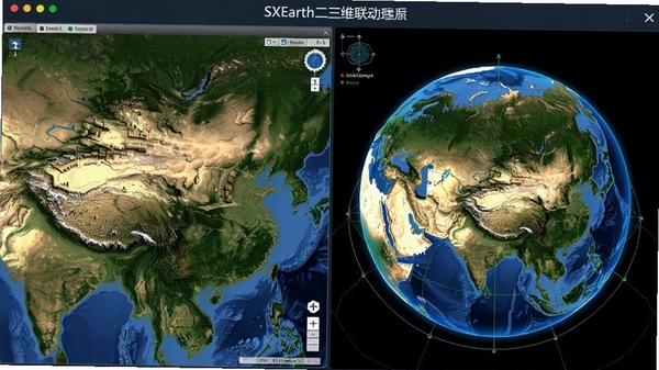 չʾSXEarth����ά�������棬���Ϊ��άƽ���ͼ���Ҳ�Ϊ��ά���峡����ͬ����ʾͬһ����