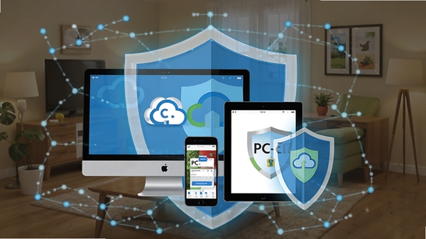 ���ƿƼ�PC-cillin�ư�ȫ������ƽ̨����ʾ��ͼ��չʾPC���ֻ���ƽ����豸����ȫ���Ʊ���������Ϊ��ͥ���糡��