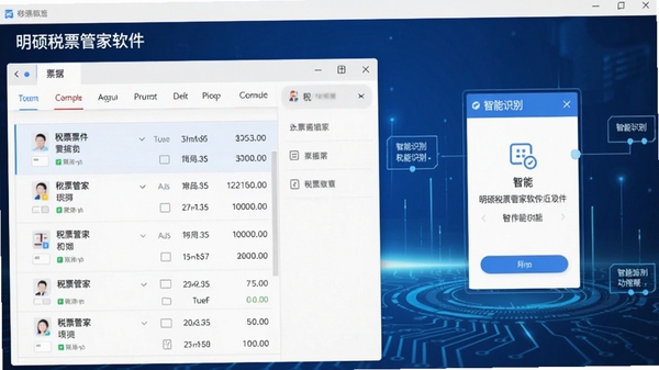 明硕税票管家软件主界面截图,展示票据列表和智能识别功能,界面简洁清晰,蓝色科技感背景