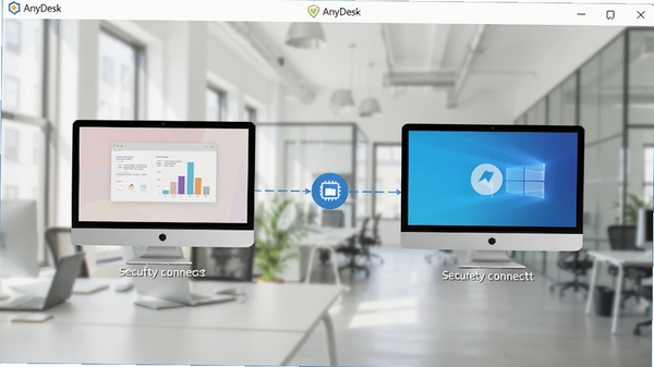 һ��չʾAnyDeskԶ�����ӽ���ĸ����ͼ�������࣬��ʾ��̨����ͨ��AnyDesk������ȫ���ӣ�����Ϊ�ִ��칫����������������ɫ��������ͻ����������������רҵ�С�
