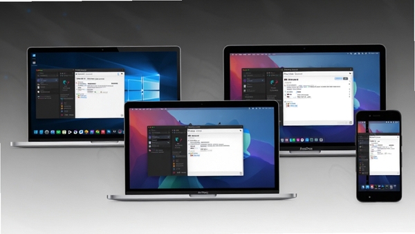 һ��չʾAnyDesk�ڲ�ͬ�豸��Windows�ʼǱ���MacBook��iPhone��Android�ֻ��������е�ƴ��ͼ��ÿ���豸����ʾAnyDesk���棬����Ϊ�����ɫ��ͻ����ƽ̨�����ص㡣