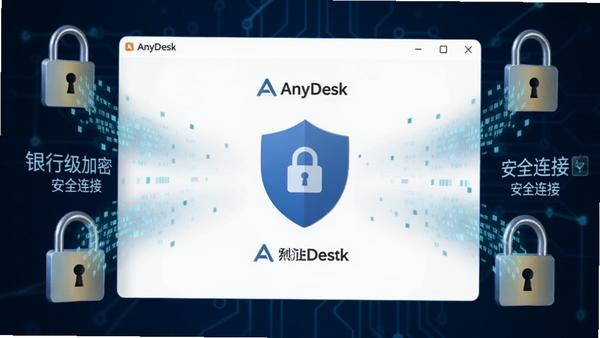 һ�����а�ȫ����ͼ���AnyDesk���ӽ��棬��Χ�����ż�������������������Ϊ����ɫ�Ƽ����ǿ�������м����ܡ��롰��ȫ���ӡ����Ӿ�Ԫ�ء�