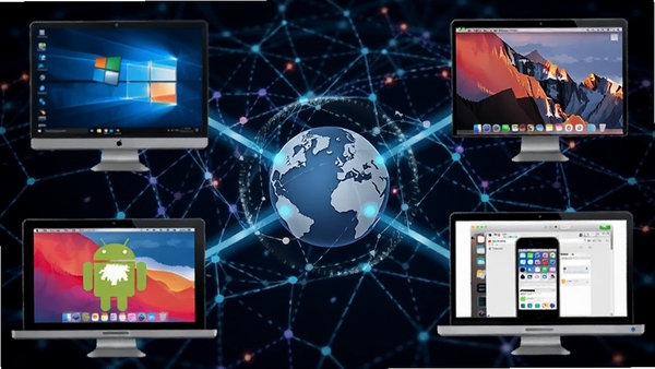 AnyDesk��ƽ̨����ʾ�⣬�����ɶ����Ļ��ɣ��ֱ���ʾWindows��macOS��Android��iOS�豸������ͨ���������ӵ����ĵĵ����ǣ�����Ϊ������������磬����ȫ���ƽ̨������