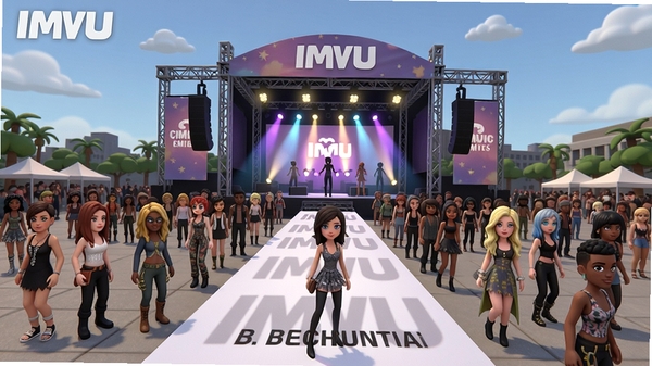һ��IMVU�����������ͼ��չʾ�ڶ��ɫ�ڴ���¶��㳡�μ����ֽڻ�ʱװ�㣬��̨�ƹ��貣���������