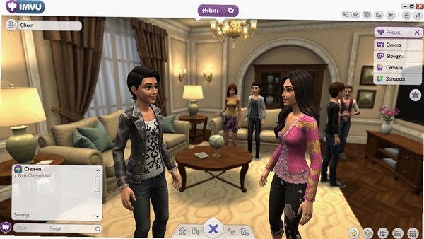 һ��չʾIMVU�����������3D������ͼ���������ж���û��Զ���������ɫ�ں��������ڻ������죬��ɫ���Ż����������ƹ���ͣ�UI����������ʾ�����͹��ܲ˵���������ʱ���ִ���ɫ�����ޣ����ֳ�IMVU�������罻���Ժ�3D�Ӿ�Ч����
