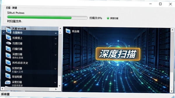 ���Windows���ݻָ�����ɨ����̽��棬��ʾ����������ɨ���ļ����������Ϊ�洢�豸�б����Ҳ�Ϊʵʱɨ����Ԥ����ɫ��������ͻ�������ɨ�衱״̬��ǩ��������������������Ч��