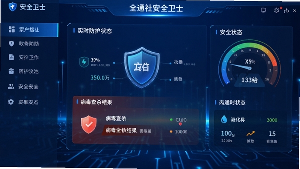 ȫͨ�簲ȫ��ʿ������չʾ����ɫ�Ƽ��б��������������ˣ���๦�ܵ������Ҳలȫ״̬�Ǳ��̣�������ʾʵʱ����״̬�Ͳ�����ɱ�����������רҵ���ִ���