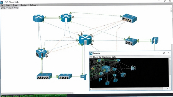 H3C Cloud Lab�������н�ͼ����ʾһ�����ӵ��������ˣ�������̨·�����ͽ�����������һ���豸����̨���ڣ��·���״̬����ʾ����״̬