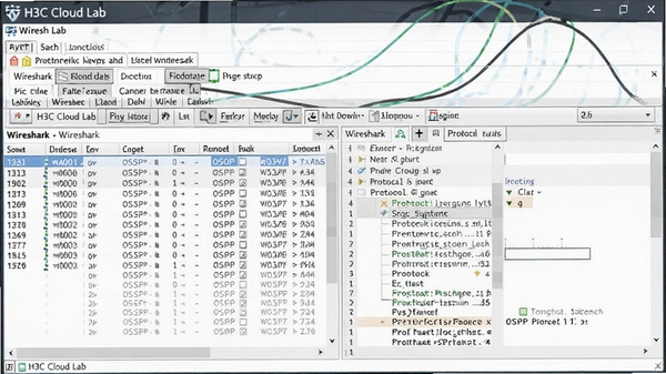 H3C Cloud Lab������ץ�����ܣ���ʾWireshark���ڣ�������OSPFЭ�鱨�ģ��·������ݰ��б���Э�������Ϣ