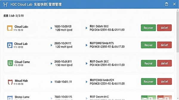 H3C Cloud Labʵ����չ�����壬��ʾ���ʱ���Ŀ����б���ÿ�����������ơ�ʱ��������������лָ���ɾ����ť