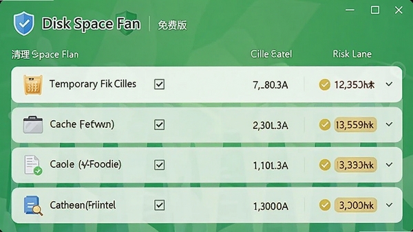չʾDisk Space Fan��Ѱ���������ܽ��棬�г�����������ʱ�ļ��������ļ��ȣ�ÿ����Ŀǰ�и�ѡ�򣬲���ʾ�ļ���С�ͷ��յȼ��������Ѻã�����Ϊ��ɫ����ͻ����ȫ���С�