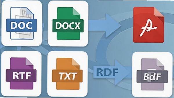 聚美WORD转PDF转换器支持的多种文件格式图标展示,包括DOC、DOCX、RTF、TXT等格式图标,以卡片式排列,背景有转换箭头和PDF标志,风格直观清晰