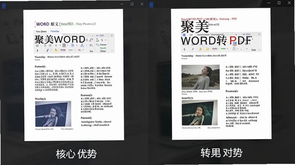 聚美WORD转PDF转换器转换效果对比图,左侧为Word原文档,右侧为转换后的PDF文件,两者排版完全一致,字体清晰,图片无失真,展示软件的核心优势