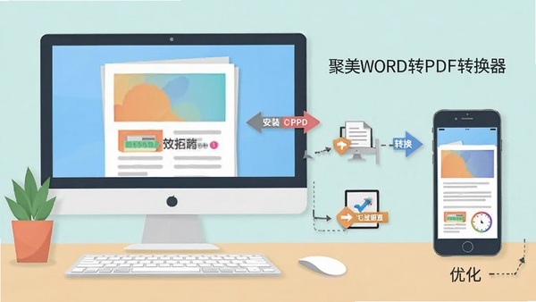 聚美WORD转PDF转换器使用指南示意图,图中有电脑和手机设备,标注了安装、转换、优化等步骤,风格扁平化,色彩清新
