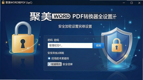 聚美WORD转PDF转换器安全加密设置界面,显示密码输入框和权限选项,背景有锁形图标和盾牌元素,突出软件的安全保护特性
