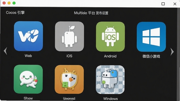 Cocos引擎发布设置界面,展示多平台选项图标,包括Web、iOS、Android、Windows、微信小游戏等,界面简洁直观,强调跨平台能力