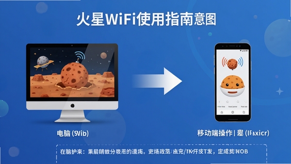 火星WiFi使用指南示意图,展示电脑端与移动端操作差异,左侧为电脑界面,右侧为手机界面,中间用箭头连接,背景为渐变蓝色,标注注意事项,风格简洁清晰