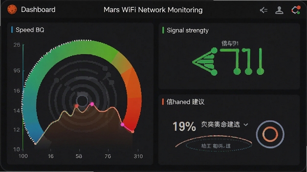 火星WiFi网络监测仪表盘,包含速度曲线、信号强度图标、信道建议提示,色彩鲜明
