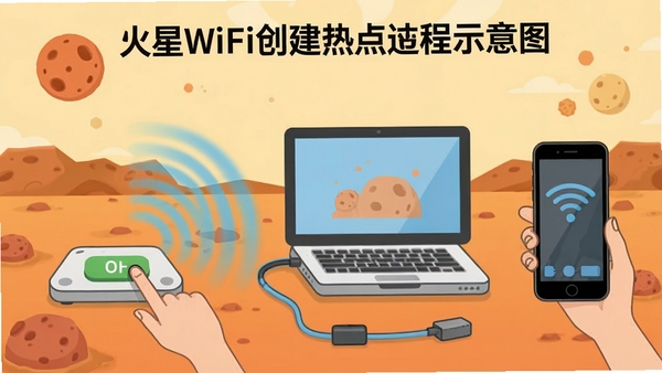 火星WiFi创建热点过程示意图,展示点击开启按钮后信号波扩散动画,电脑连接有线网络,手机成功接入WiFi
