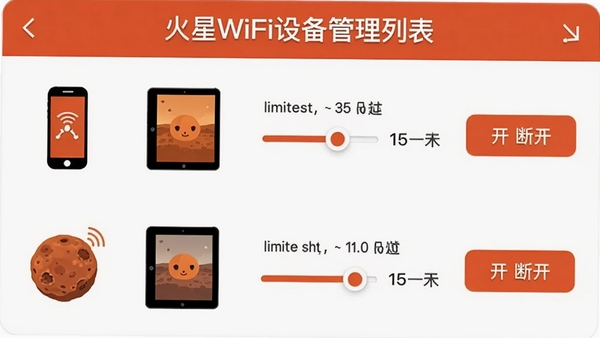 火星WiFi设备管理列表,展示手机、平板等图标,每个设备后带有限速滑块和断开按钮