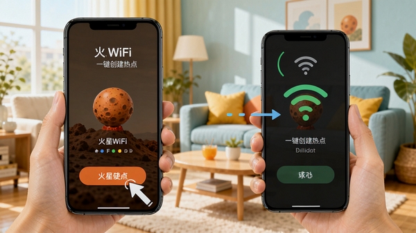 ����WiFiһ�������ȵ�Ĳ�����ʾͼ��������ʾ�����ť���ֻ��ɹ�����WiFi�Ķ���Ч��������Ϊ�����Ŀ���������ɫ��������ͻ������ԡ�