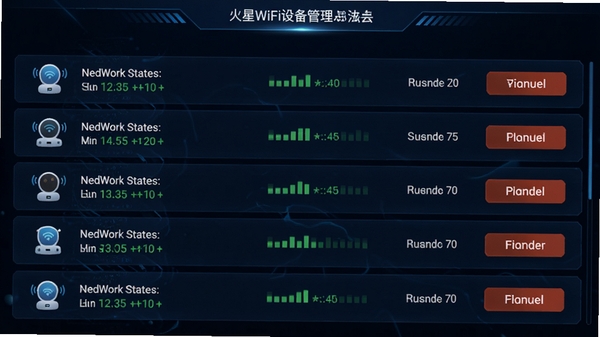 ����WiFi�豸��������ʾ��ͼ���б�չʾ����豸ͼ��������״̬��ͬʱ��ʾ���ٺͽ��ð�ť������Ϊ�Ƽ���ʮ�������ɫ����ͻ��רҵ�ԡ�