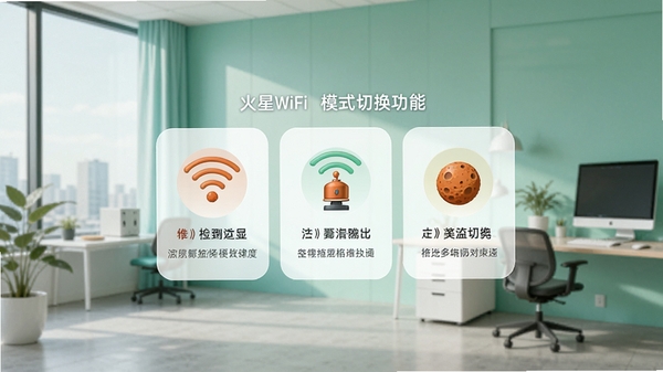 ����WiFi��ģʽ�л����ܽ��棬��ʾ����ģʽ��ͼ����˵�����֣�����Ϊ�ִ��칫��һ�ǣ�ɫ�����£�ͻ���๦���ԡ�