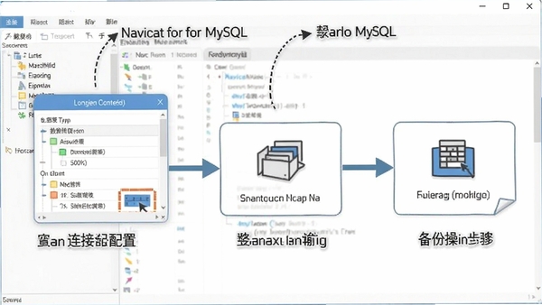 Navicat for MySQL ʹ�ý̳�ʾ��ͼ��չʾ�������á����ݴ��䡢���ݲ����Ȳ��裬�������ֱ�ע��������׶��������û��������֣�����Ϊ�������棬ͻ��ʵ�ü��ɡ�