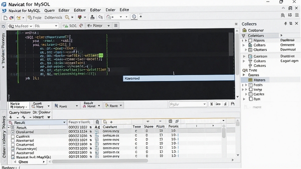 Navicat for MySQL ��ѯ�༭�����棬��ʾSQL����������Զ���ȫ��ʾ���·���������񣬲�����в�ѯ��ʷ���ղؼС�