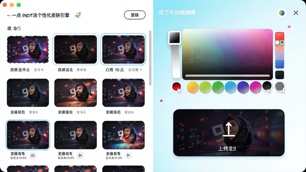 һ��չʾһ�����뷨���Ի�Ƥ������Ľ��棬���ΪƤ���б�����ͼ���Ҳ�Ϊ�Զ���༭���򣬰�����ɫѡ�����ͱ����ϴ���ť������UI���ʱ�У�ɫ�ʷḻ��͹�Ը��Ի����Ƶ���Ȥ��