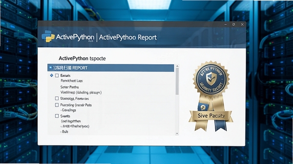 ActivePython安全认证界面,展示漏洞扫描报告和安全徽章,背景为数据中心的服务器机柜,色调偏冷,强调安全性