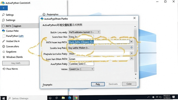 ActivePython环境变量配置示例图,显示PATH设置窗口,背景为Windows系统设置界面,突出关键选项