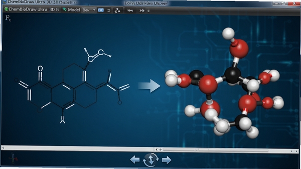 ChemBioDraw Ultra 3Dģ��չʾ����ʾһ��ҩ����Ӵ�ƽ��ṹת��Ϊ�������ģ�͵Ĺ��̣�����Ϊ����ɫ�Ƽ����䣬����ģ�ʹ��й�����ȾЧ������������ת�����ſ��ư�ť