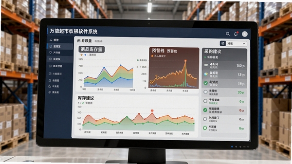 万能超市收银软件系统库存预警界面,以可视化图表展示商品库存量、预警线及采购建议,背景为仓库货架,画面强调数据驱动与智能管理