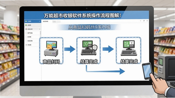 万能超市收银软件系统操作流程图解,展示从商品扫码到结算完成的全过程,步骤清晰标注,背景为电脑屏幕显示软件界面,强调易用性
