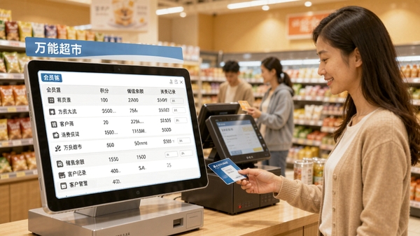 万能超市收银软件系统会员管理界面,展示会员列表、积分、储值余额及消费记录,背景为超市顾客使用会员卡结账,画面温馨且突出客户关怀