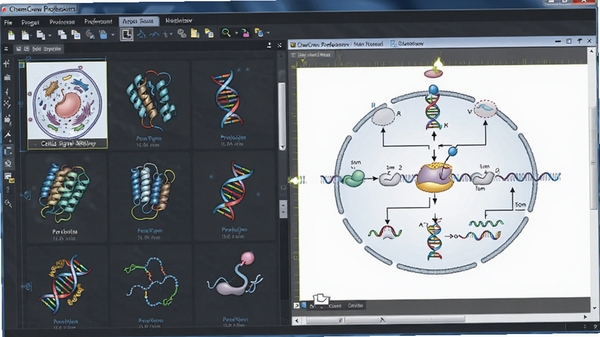 ChemDraw Professional�����ͼģ���չʾ������ϸ���������ʡ�DNA��ͼ��Ԫ�أ��û�����קʹ�ã���������ʾһ�����ڱ༭��ϸ���ź�ͨ·ͼ��