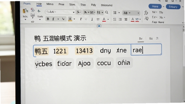 小鸭五笔混输模式演示,输入框中同时显示五笔编码与拼音候选词,界面清晰,背景为文档编辑页面,自然光效