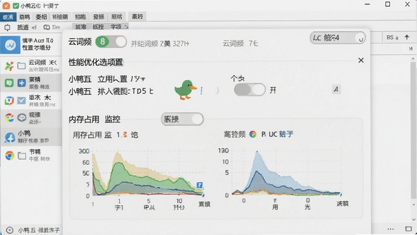 小鸭五笔设置界面中的性能优化选项,展示云词频开关与内存占用监控图,背景为系统任务管理器截图
