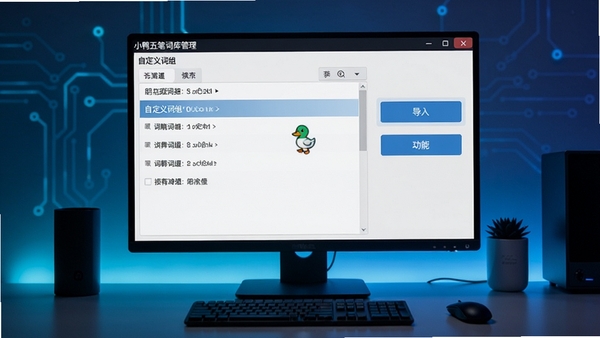 小鸭五笔词库管理界面,展示自定义词组列表与导入功能按钮,背景为简约桌面,科技感色调