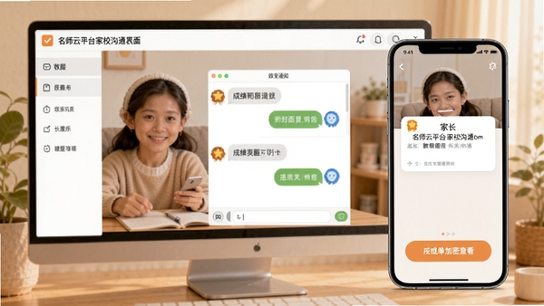 ��ʦ��ƽ̨��У��ͨ���棬��ʦ�˷���֪ͨ���ҳ����ֻ���ʾ���ѣ��м������촰�ںͳɼ������ܲ鿴��ť�������ܰ