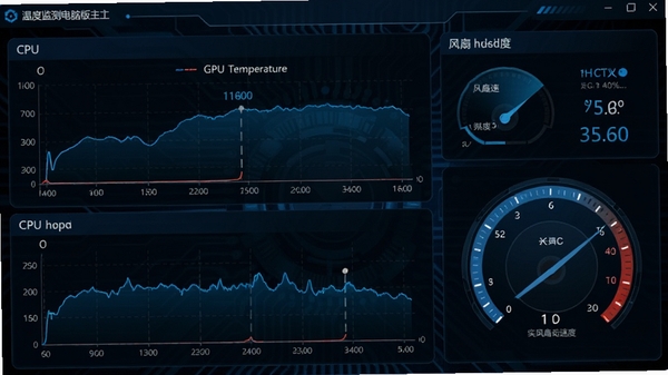 �¶ȼ����԰��������ͼ��չʾCPU��GPU�¶�����ͼ������ת���Ǳ��̣�����Ϊ��ɫ�Ƽ��з�񣬽���������������ʵʱˢ�£�����ɫ��������Ϊ����ͻ��רҵ�ԡ�