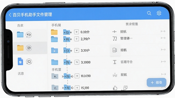 百贝手机助手文件管理界面,展示手机存储目录与文件列表,支持拖拽传输操作,界面布局合理,突出软件名称与文件管理功能